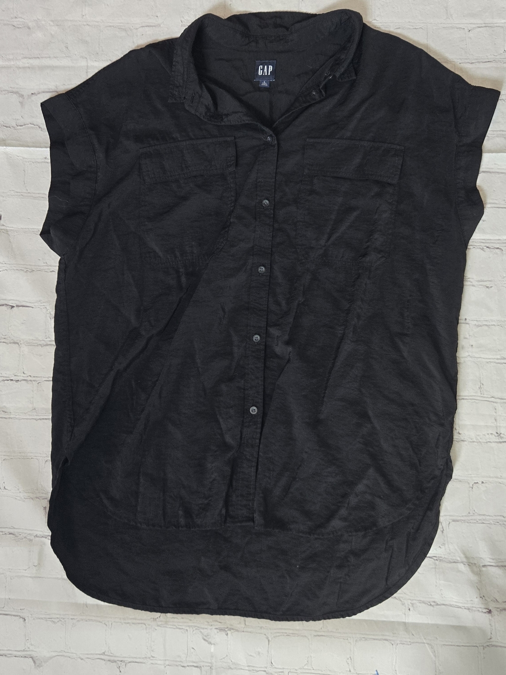 Gap black utility style shirt point collar Short sleeves boxy cut long lined Lg